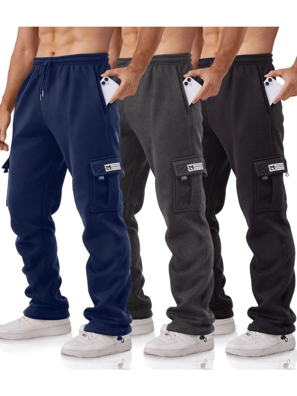 Men's Relaxed Fit Cargo Pants 3-Pack | Fleece Joggers with Pockets for Hiking
